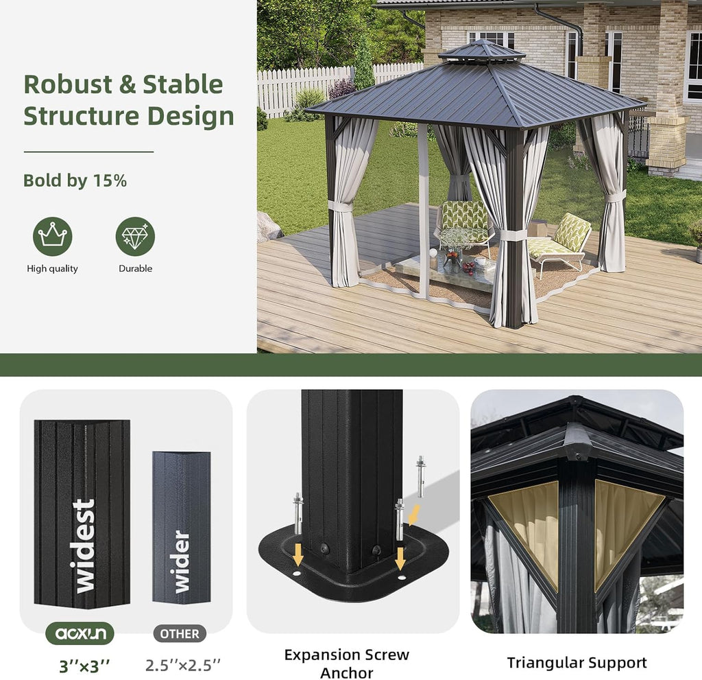 Aoxun 10'x10' Hardtop Gazebo, Permanent Metal Pavilion with Galvanized Steel Double Roof, Outdoor Pergola with Nettings and Curtains for Lawn, Garden, Patio (Gray)