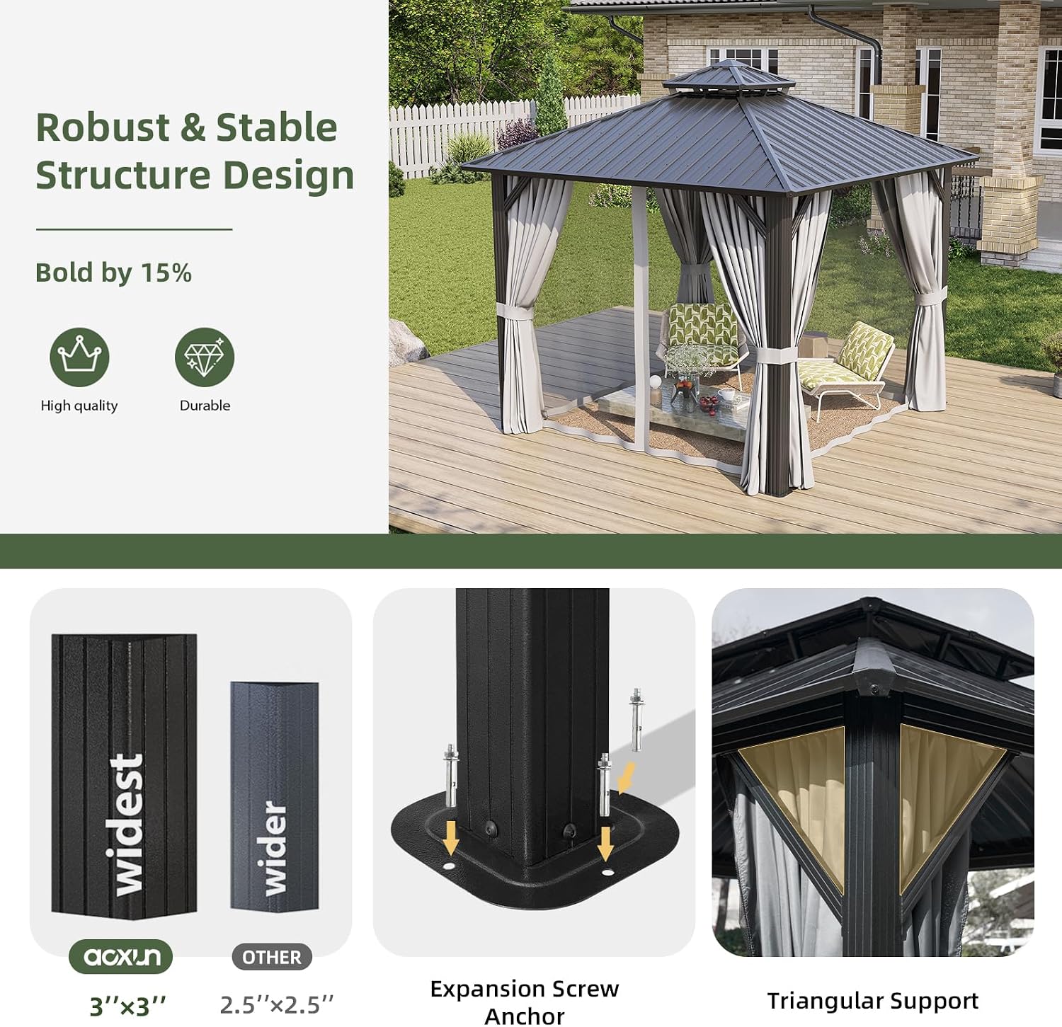 Aoxun 10'x10' Hardtop Gazebo, Permanent Metal Pavilion with Galvanized Steel Double Roof, Outdoor Pergola with Nettings and Curtains for Lawn, Garden, Patio (Gray)