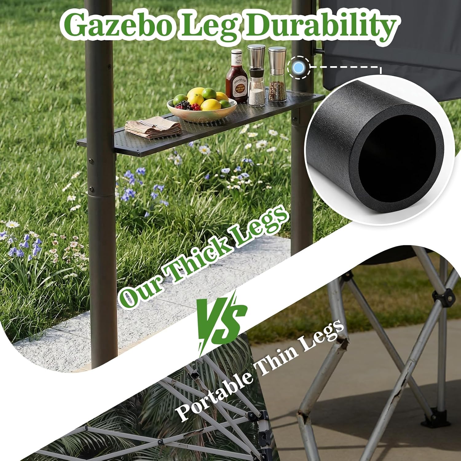CHARMELEON 8x8 FT Grill Gazebo, Grill Canopy with Big Awning&2 Side Shelves&6 Hooks&Bottle Opener, Powder-Coated Steel BBQ Shelter for Patio Backyard Outdoor Grilling-Dark Gray
