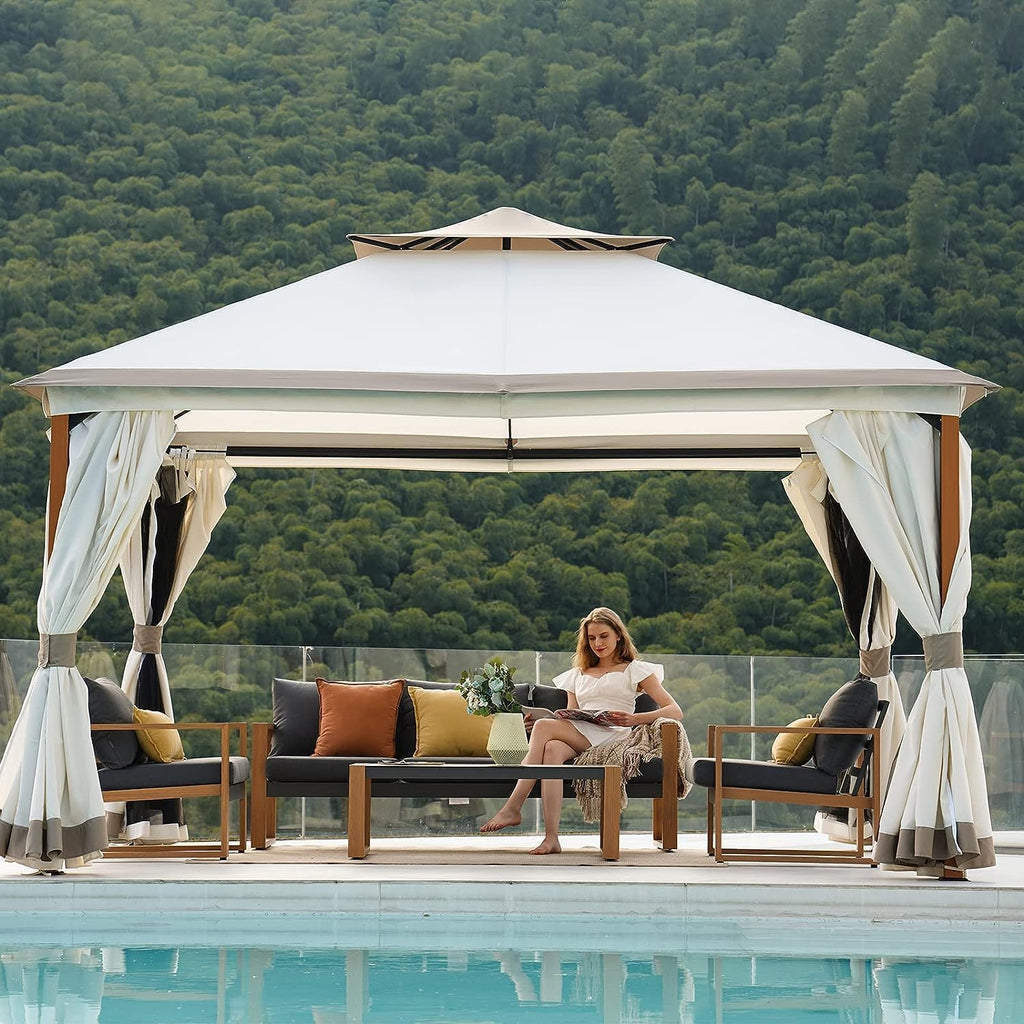Grand Patio 10x13 FT Outdoor Double Quick Assembly Detachable Vent Soft Top Gazebo with Mosquito Netting and Curtains, 130 Sq Ft of Shade for Backyard and Garden, Beige