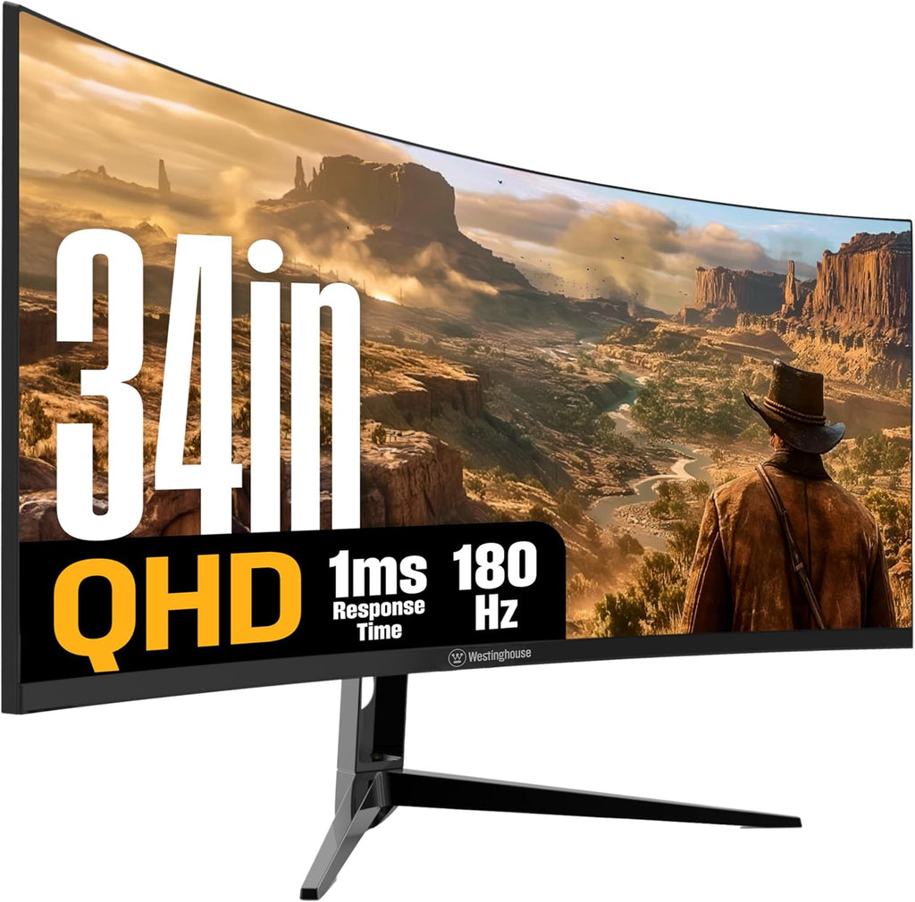 Westinghouse 34 Inch Curved Gaming Monitor, 2K Ultra-WQHD(3440x1440P), 180Hz, 1ms, AMD FreeSync Premium, 3000:1 Contrast Ratio, 122% sRGB, 1500R, Eyecare, Built-in Speakers, DisplayPortx2, HDMIx2