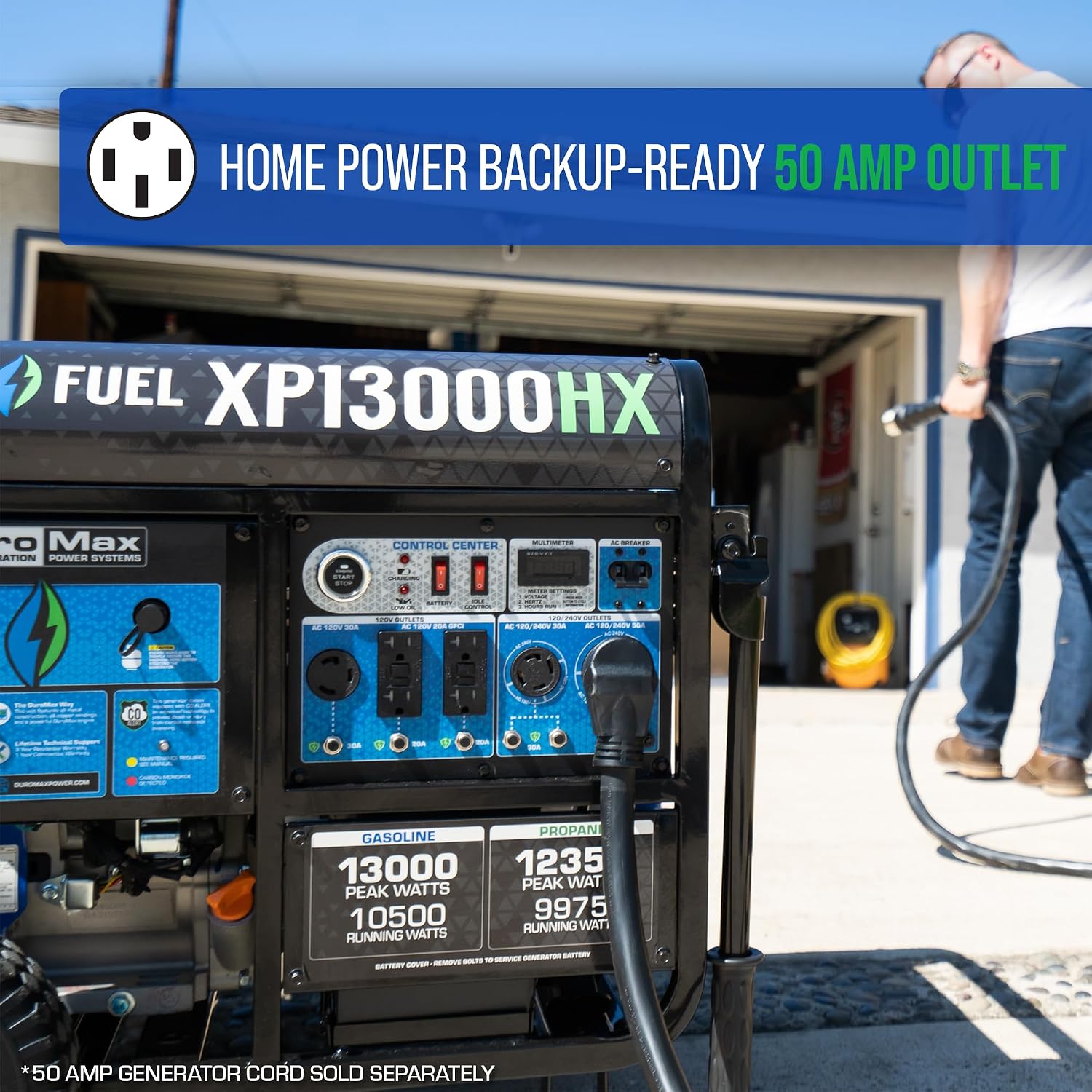 DuroMax XP13000HX 13,000-Watt Dual Fuel Portable Generator - Gas & Propane, Electric Start, Whole Home Power Backup, Transfer Switch Ready, RV & Emergency Ready