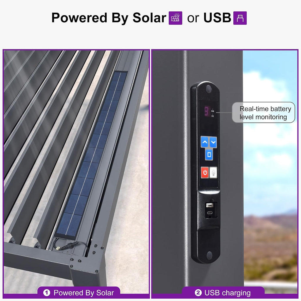 PURPLE LEAF LED Louvered Pergola 92KS 8' x 14' with Integrated Solar Strip Lights Adjustable Aluminum Louvers Wind Resistant Pergolas for Patio Dining Deck Garden Yard Gray
