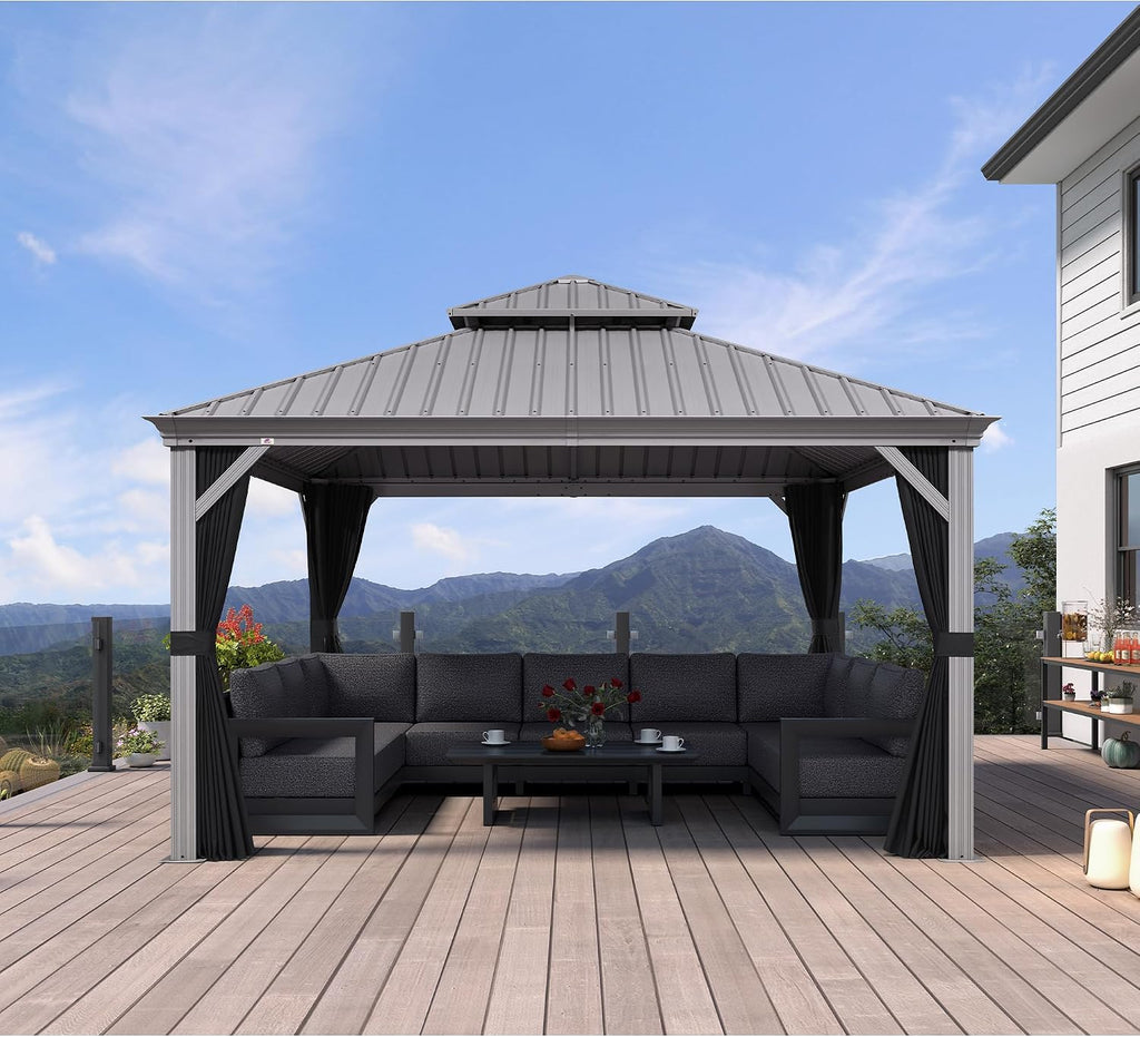 PURPLE LEAF 13' x 13' Hardtop Aluminum Gazebo with Double Metal Roof Heavy Duty Permanent Gazebo for Patio Deck Lawn Garden All Weather Outdoor Pavilion Gazebos, Light Grey