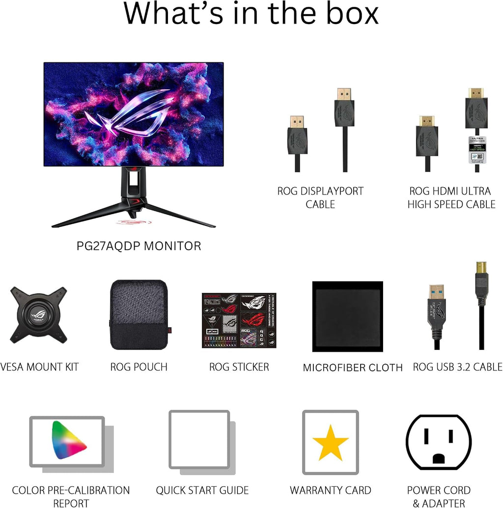 ASUS ROG Swift OLED 27' 1440P Gaming Monitor (PG27AQDP) - WOLED, QHD, 480Hz, 0.03ms, G-SYNC Compatible, Custom Heatsink, AI Assistant, DisplayHDR400 True Black, 99% DCI-P3, True 10-bit, DisplayWidget