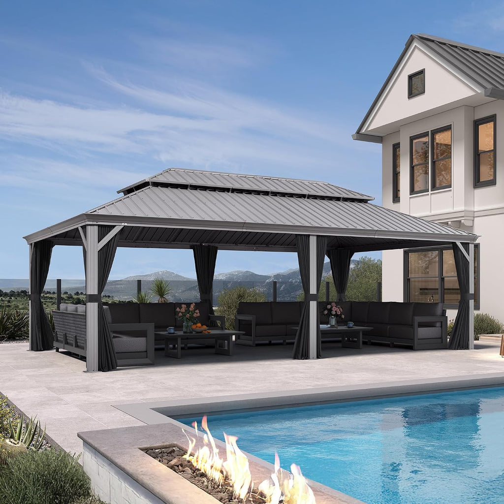 PURPLE LEAF 14' x 24' Hardtop Aluminum Gazebo with Double Metal Roof Heavy Duty Permanent Gazebo for Patio Deck Lawn Garden All Weather Outdoor Pavilion Gazebos, Light Grey