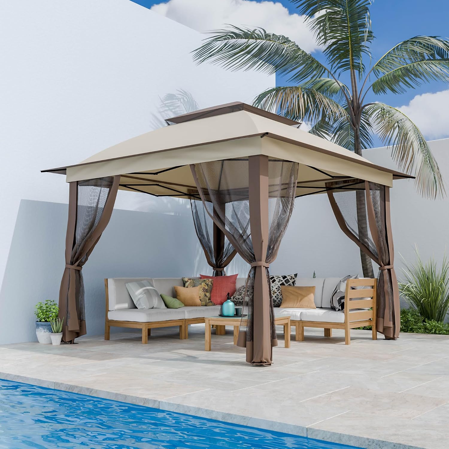 11'X11' Gazebo Pop Up with 4 Sidewalls Mosquito Netting, Heavy Duty Patio Gazebo Canopy Tent with Double Air Roofs for Backyards, Patios, Decks, Gardens, Parks