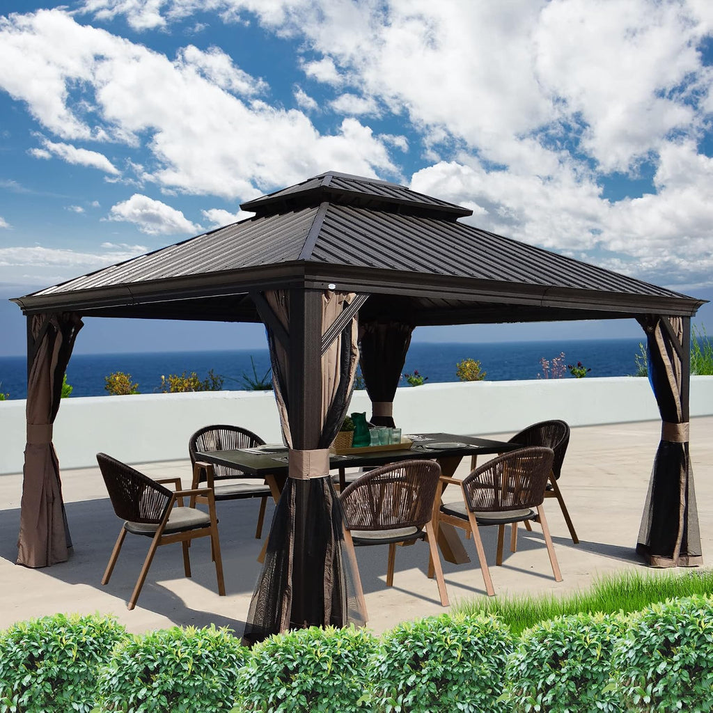 Kozyard Alexander Hardtop Aluminum Permanent Gazebo with a Mosquito Net and Privacy Sidewalls (Alexander 12'x14' (Brown)