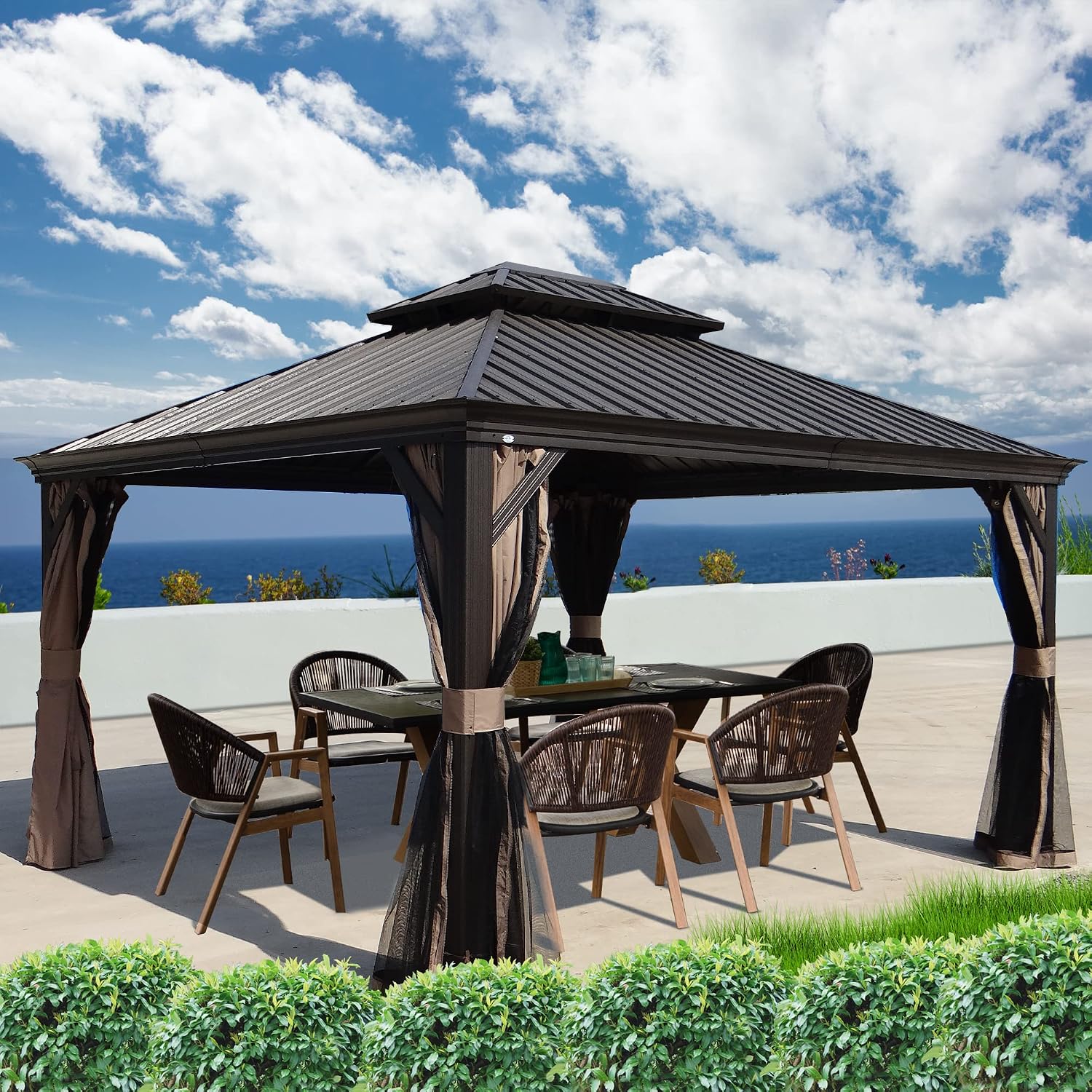 Kozyard Alexander Hardtop Aluminum Permanent Gazebo with a Mosquito Net and Privacy Sidewalls (Alexander 12'x14' (Brown)