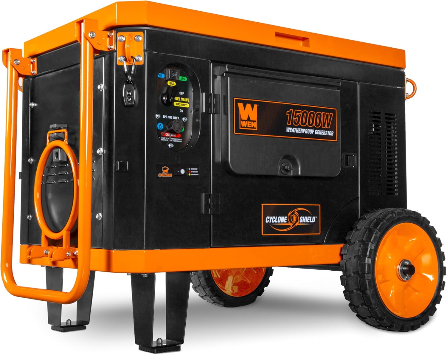 WEN 15000-Watt Weatherproof Home Backup Portable Generator, 120V/240V, Tri-Fuel with Cyclone Shield Weatherproofing Technology, 550cc Engine, Remote Electric Start, Wheel Kit, & CO Watchdog (TF1500XR)