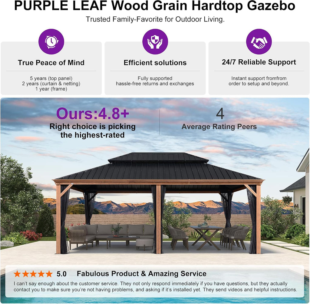 PURPLE LEAF 14' X 20' Outdoor Hardtop Gazebo for Patio Galvanized Steel Double Roof Permanent Canopy Teak Finish Coated Aluminum Frame Pavilion Gazebo with Netting and Lights