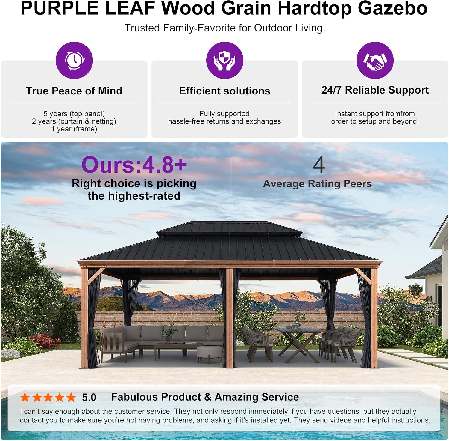 PURPLE LEAF 14' X 20' Outdoor Hardtop Gazebo for Patio Galvanized Steel Double Roof Permanent Canopy Teak Finish Coated Aluminum Frame Pavilion Gazebo with Netting and Lights