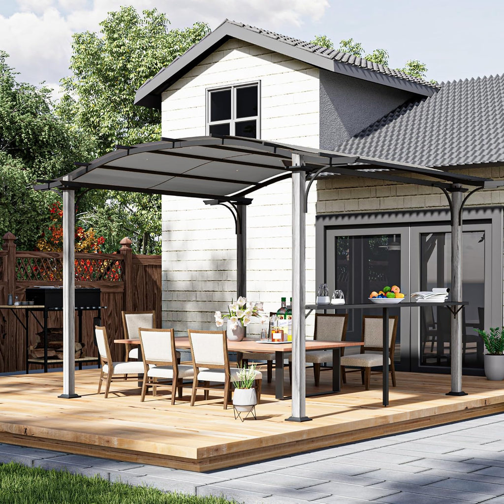 HAPPATIO 10' x 13' Arched Top Outdoor Pergola, Aluminum Frame Canopy with Bar Counter, Natural Wood-Like Frame Patio Pergola Shade for Patio, Backyard, Garden, Grey