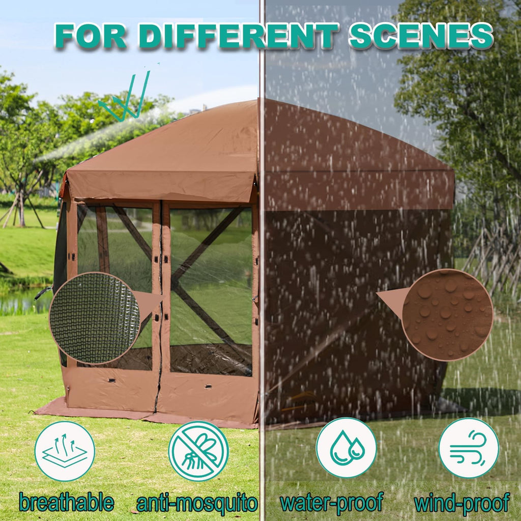 Lenotos 10 x 10 FT Pop Up Screen Tent, Portable Outdoor Camping Gazebo with Ground Stakes and Carry Bag, Brown