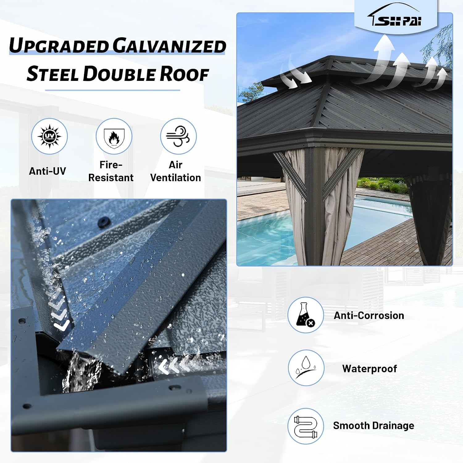 14' x 24' Outdoor Hardtop Gazebo with Gutters, Permanent Metal Hard Top Gazebo, Double Roof Galvanized Heavy Duty with Curtains and Netting for Backyard, Patio, Deck, Hot Tub, Grey