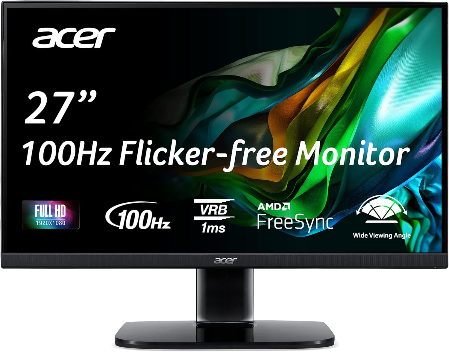 acer KB272 EBI 27' IPS Full HD (1920 x 1080) Zero-Frame Gaming Office Monitor | AMD FreeSync Technology | Up to 100Hz Refresh | 1ms (VRB) | Low Blue Light | Tilt | HDMI & VGA Ports,Black