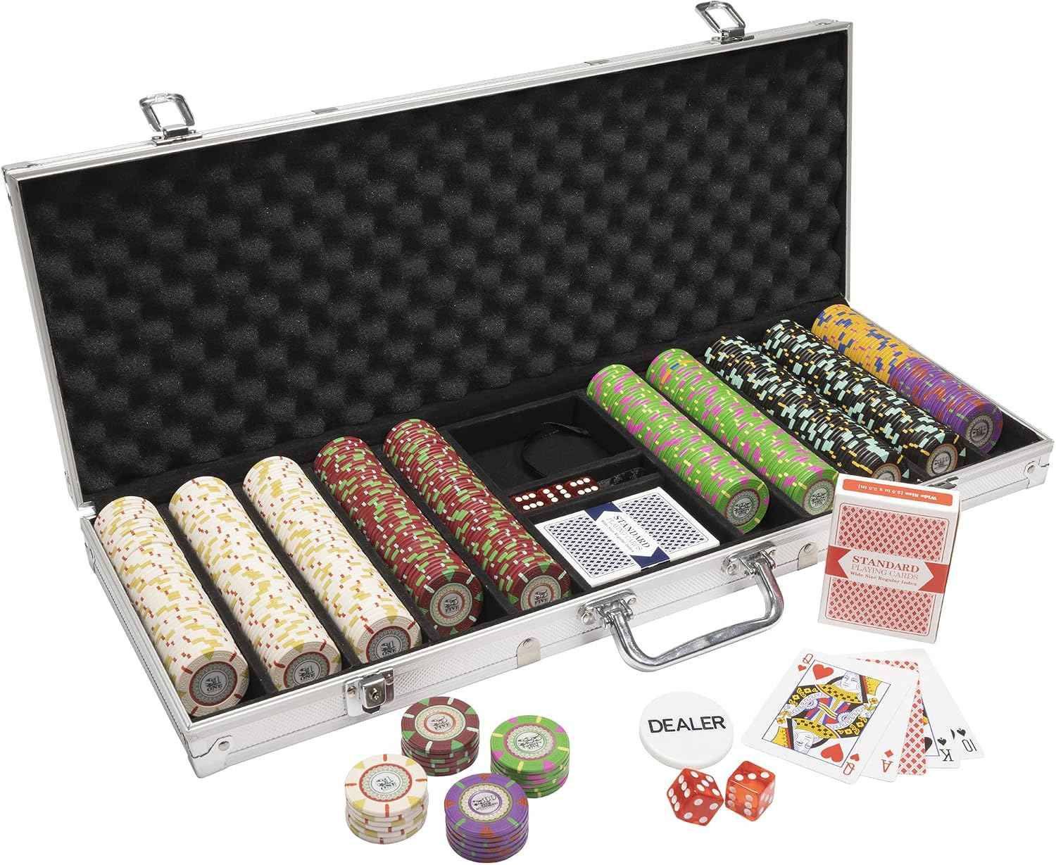 500 Count 'The Mint' Poker Chips in Aluminum Carrying Case, 13.5g Clay Composite Chips – Deluxe Set w/ 2 Playing Card Decks, Dealer Button, & 5 Dice by Claysmith Gaming