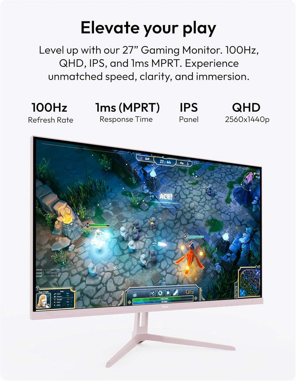 Pixio PX275 Wave Pink 27 inch 100Hz Refresh Rate QHD 1440p Resolution IPS Panel 1ms MPRT Response Time Gaming Monitor with Adaptive Sync