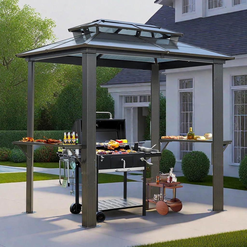 Endark Grill Gazebo 8x5FT, BBQ Gazebo with Two Metal Shelves, Aluminum Frame, Outdoor Grill Canopy with Double Polycarbonate Roof for Lawn Patio, Garden, Backyard