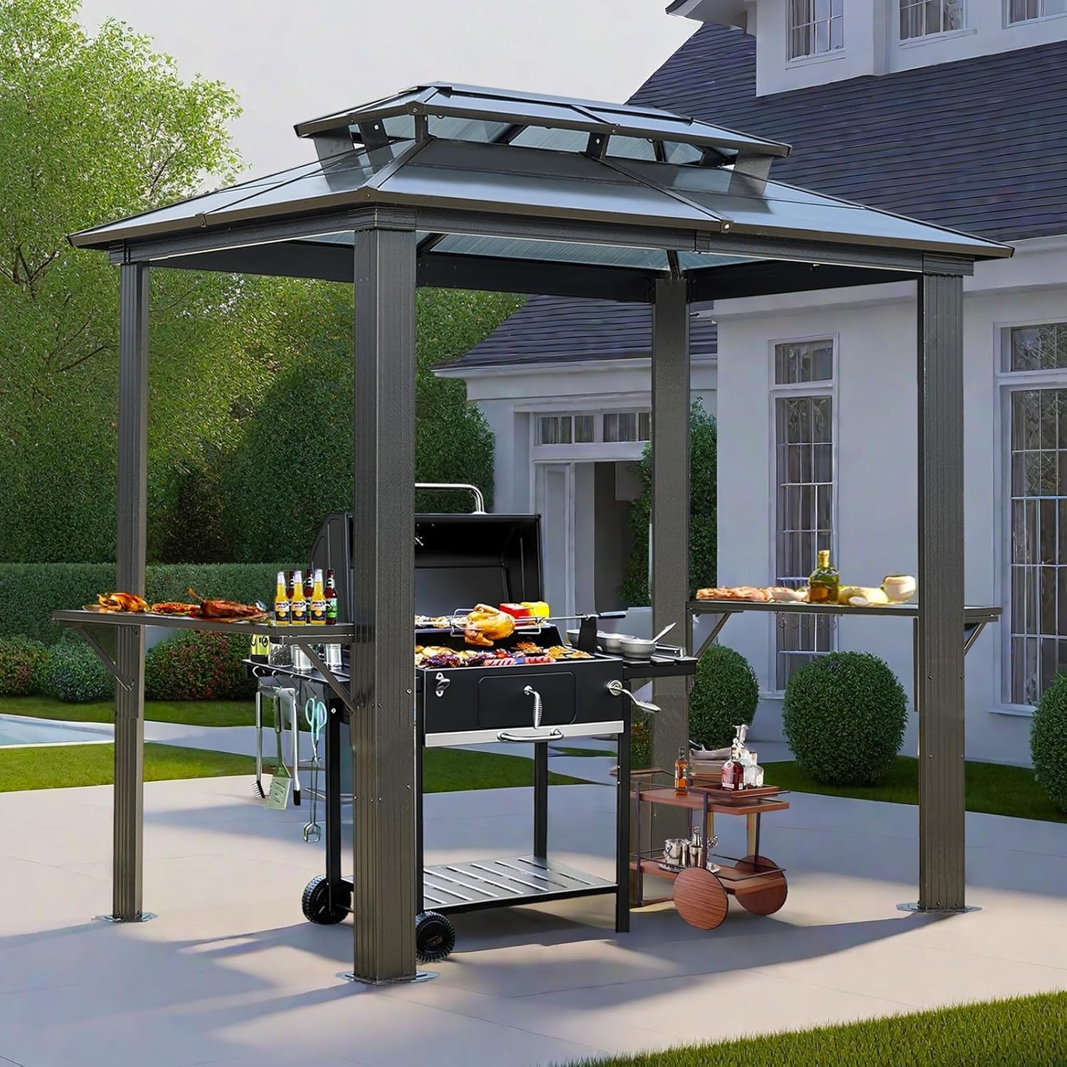 Endark Grill Gazebo 8x5FT, BBQ Gazebo with Two Metal Shelves, Aluminum Frame, Outdoor Grill Canopy with Double Polycarbonate Roof for Lawn Patio, Garden, Backyard