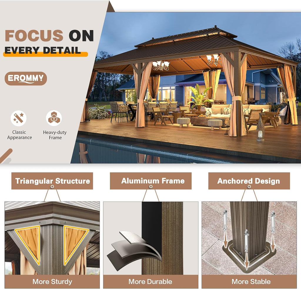 EROMMY 14'x24' Hardtop Gazebo Double Roof Galvanized Steel Outdoor Gazebos with Aluminum Frame, Netting and Curtains, Permanent Metal Pavilion for Patio Backyard Deck and Lawns