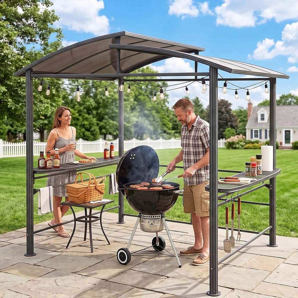 EAGLE PEAK 8x5 ft Grill Gazebo, Steel Frame Outdoor BBQ Cover, Double-Tier Polycarbonate Barbecue Canopy with Shelves