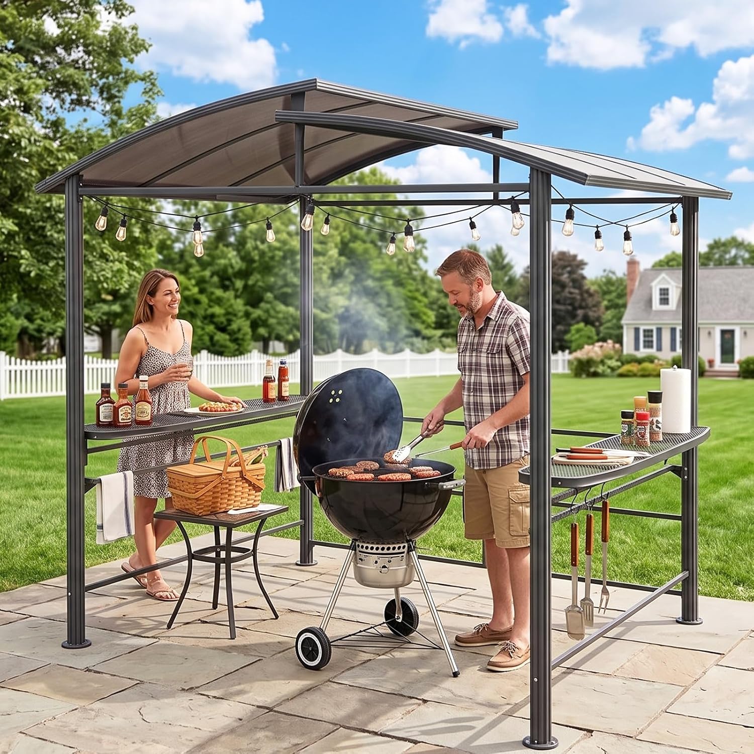 EAGLE PEAK 8x5 ft Grill Gazebo, Steel Frame Outdoor BBQ Cover, Double-Tier Polycarbonate Barbecue Canopy with Shelves