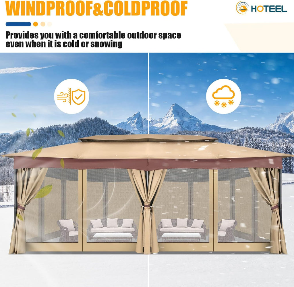 HOTEEL Gazebo 12x20, Outdoor Gazebo on Clearance with Double Ventilated Arc Roof, Privacy Curtains & Mosquito Netting, Easy Set up Canopy Tent with Stable Metal Frame for Patio, Khaki (Upgraded 3.0)