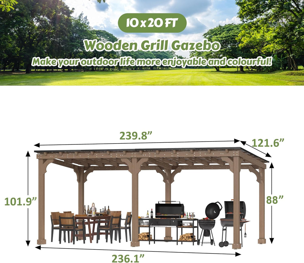 MUPATER 10x20 FT Grill Gazebo with Sloping Metal Roof, Wood Gazebo with 5.5'' Post, Strong Load-Capacity, Heavy Duty BBQ Canopy for Outdoor Grill, Patio, Lawn, Garden, Brown