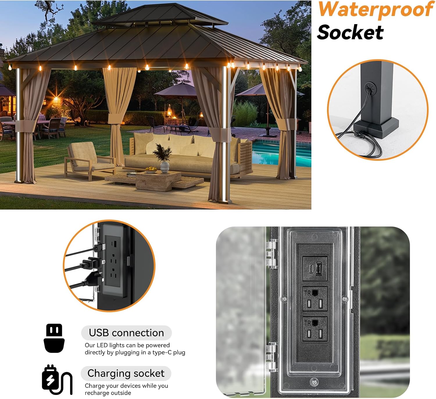 Modern Shade Hardtop Gazebo 12' x 14' with 4 LED Lights, Permanent Outdoor Gazebo with Double Roof, Aluminum Frame, Patio Pavilion with USB Charging Port Deck, Mosquito Netting and Curtains, Black