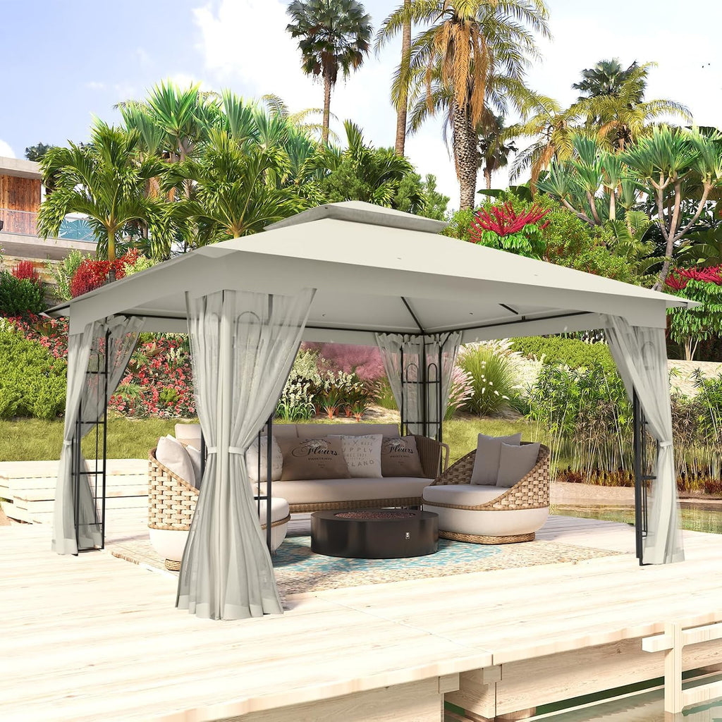 COOS BAY 10x12 Outdoor Patio Gazebo with Netting, Two Tier Water Resistant Canopy for Backyard, Beige