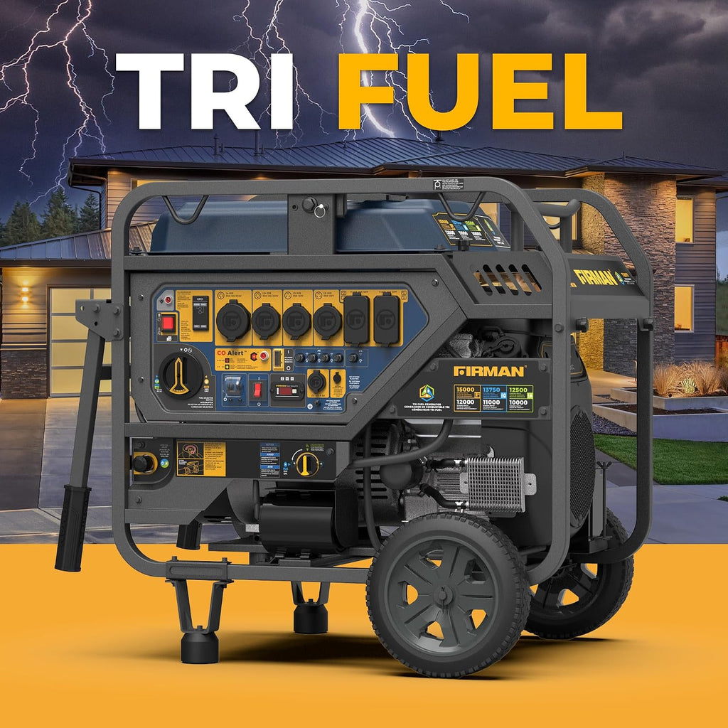 FIRMAN T12071 Tri Fuel Portable Generator, 15000W Electric Start, 12000W Running, 120-240V, CO Alert, Gas Propane Natural Gas, Wheel Kit for Home, Backup, Camping, RV, Jobsite, Emergency & Outdoor
