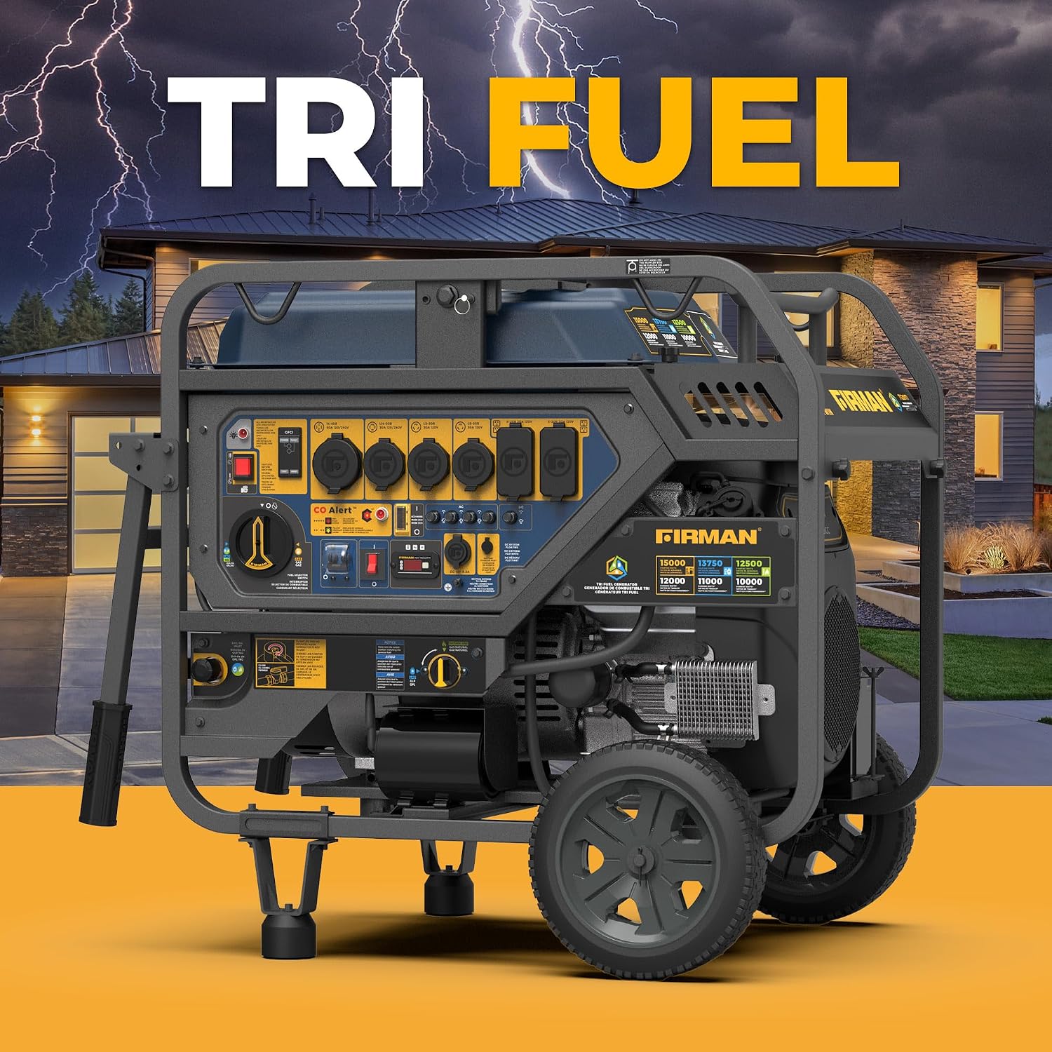 FIRMAN T12071 Tri Fuel Portable Generator, 15000W Electric Start, 12000W Running, 120-240V, CO Alert, Gas Propane Natural Gas, Wheel Kit for Home, Backup, Camping, RV, Jobsite, Emergency & Outdoor