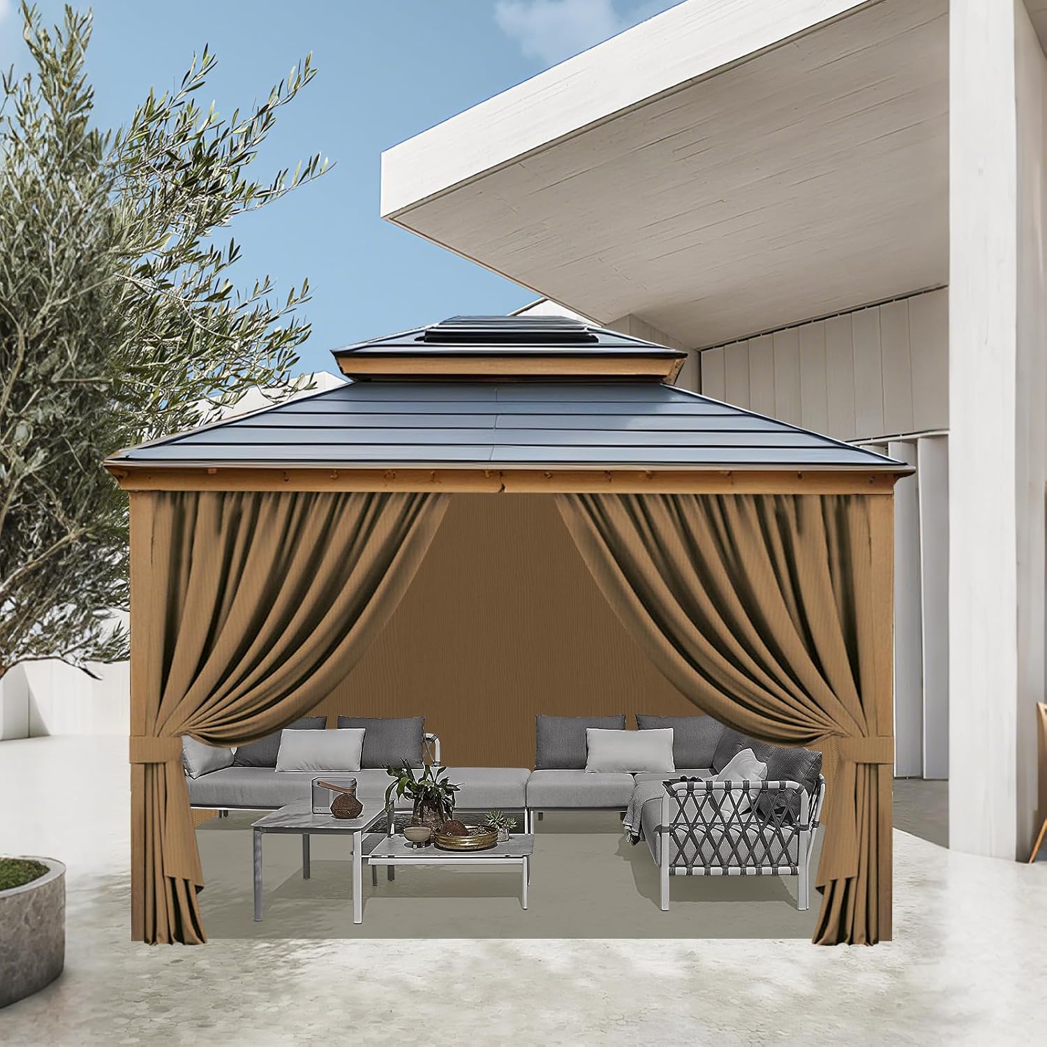 Universal Replacement Privacy Curtains for Gazebos, 12x12 ft Outdoor Waterproof with Large Mosquito-Proof Window Opening, 2-Piece Four-Sided Side Walls with Zippers (Curtains Only, Khaki)