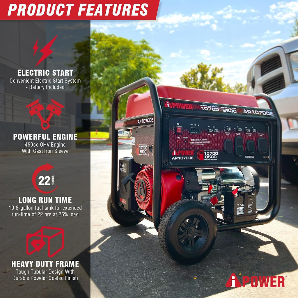 A-iPower 10700-Watt Electric Start Portable Generator Gas Powered, Heavy Duty Generator with 459cc OHV Engine for Home Use, Jobsite, Emergency, Power Outages (AP10700E)