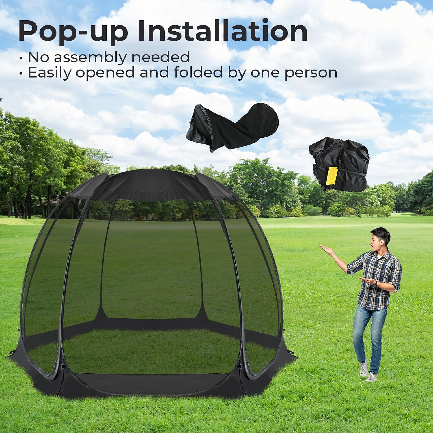 Alvantor® Pop Up Screen House, Outdoor Mosquito Mesh Tent with UV Resistant, Pop Up Canopy Easy Up, Foldable Screen Room for Camping,Backyard, Garden, Patio(Black, 12x12 FT)