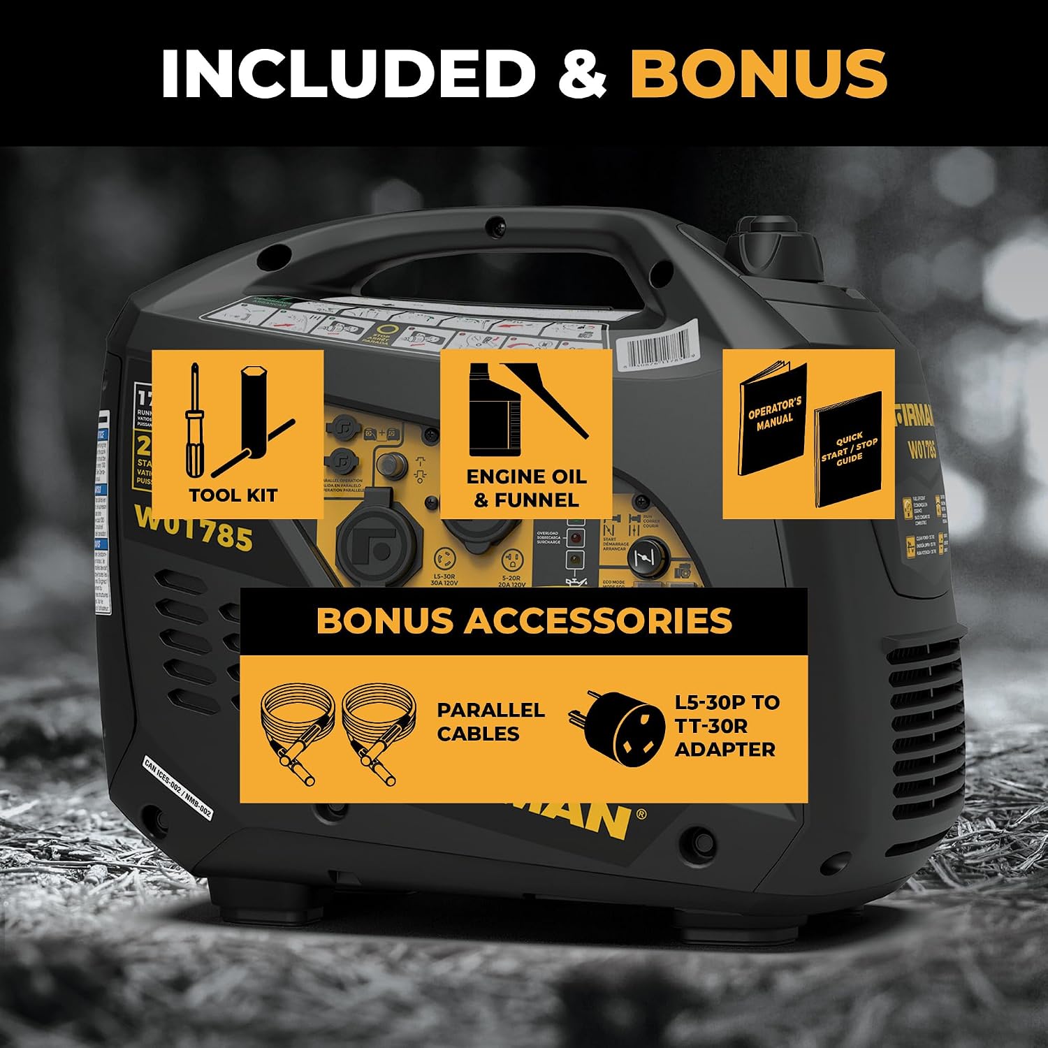 FIRMAN W01785 Inverter Portable Generator, 2100W Starting 1700W Running Power, Recoil Start with CO Alert Safety Shutoff, Quiet 59 dB Operation, Lightweight for Camping, Travel, Home, and Outdoor Use