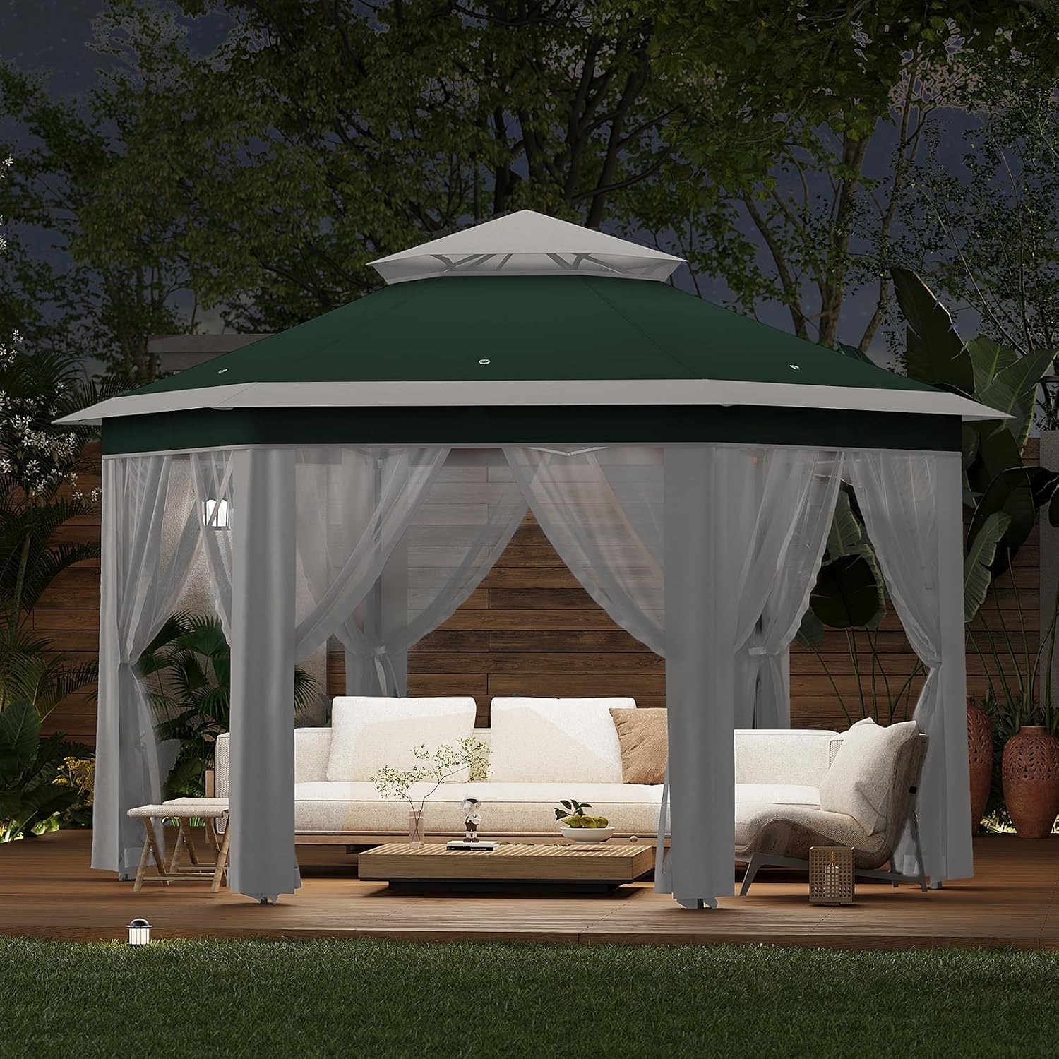 13x13ft Popup Hexagonal Gazebo with Mosquito Net, Adjustable Outdoor Hexagonal Canopy with Portable Handbag for Garden/Backyard/Patio - Gray (Green+Beige)