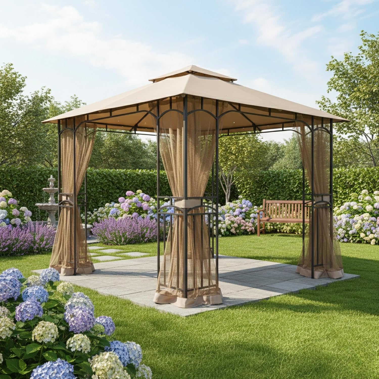 Garden Winds Reinforced RipLock 350 Replacement Canopy Top and Netting Set Compatible with 11' x 9' Gazebo Model 5LGZ7262-V4 - Beige