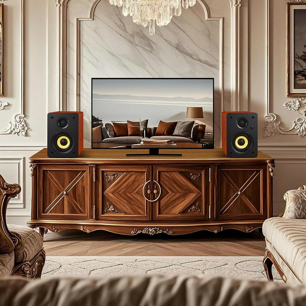 Sanyun SW206 80W Active Dual-Mode Bookshelf Speakers, 4' Studio Monitor & HiFi Mode, Upgraded 3D Sound Field, 6.35mm TRS Balanced, Bluetooth 5.4, Optical Coaxial Aux USB 24bit DAC, Woodgrain