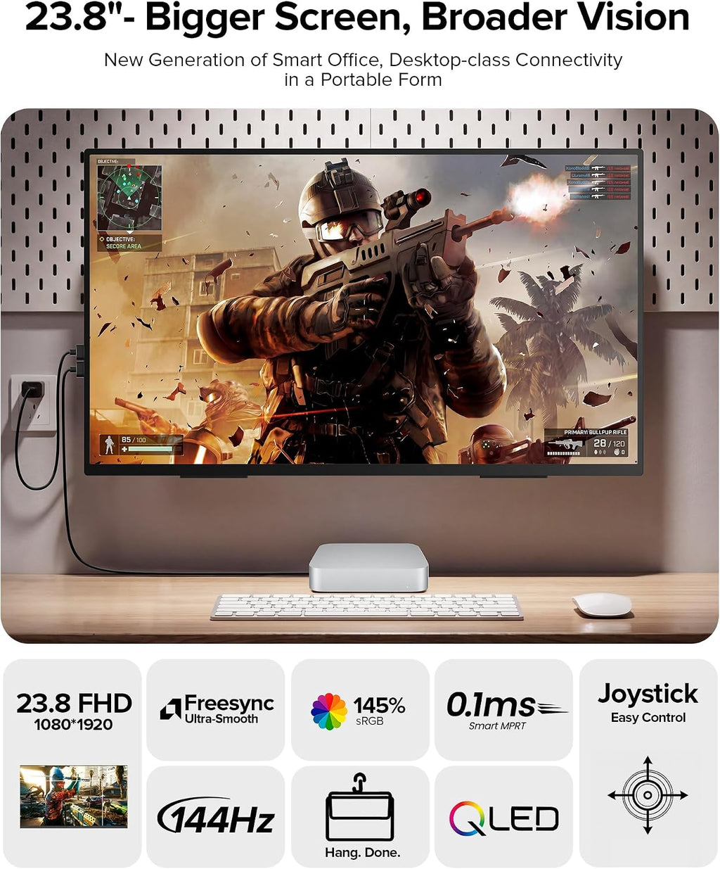 Portable Monitor 24' 144Hz 1080P, 145% sRGB QLED Gaming Monitor, 0.1MS FreeSync, 450Nits Laptop Monitor, USB-C & HDMI, VESA & Stand, Large Second Screen for Laptop, Computer, Mini PC, Game Consoles