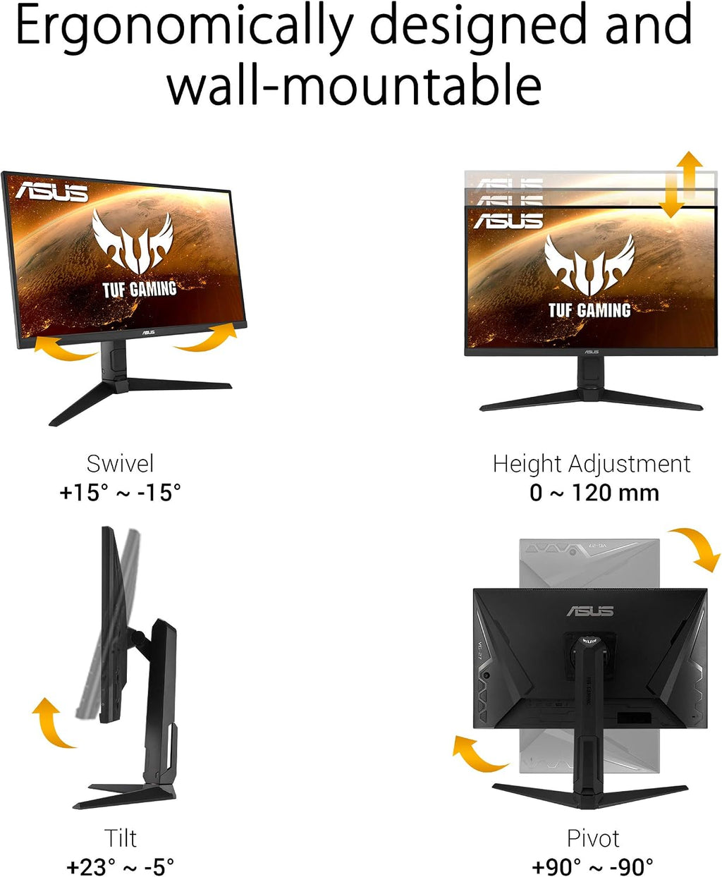 ASUS TUF Gaming VG279QL1A 27' HDR Gaming Monitor, 1080P Full HD, 165Hz (Supports 144Hz), IPS, 1ms, FreeSync Premium, DisplayHDR 400, Extreme Low Motion Blur, Eye Care, HDMI DisplayPort