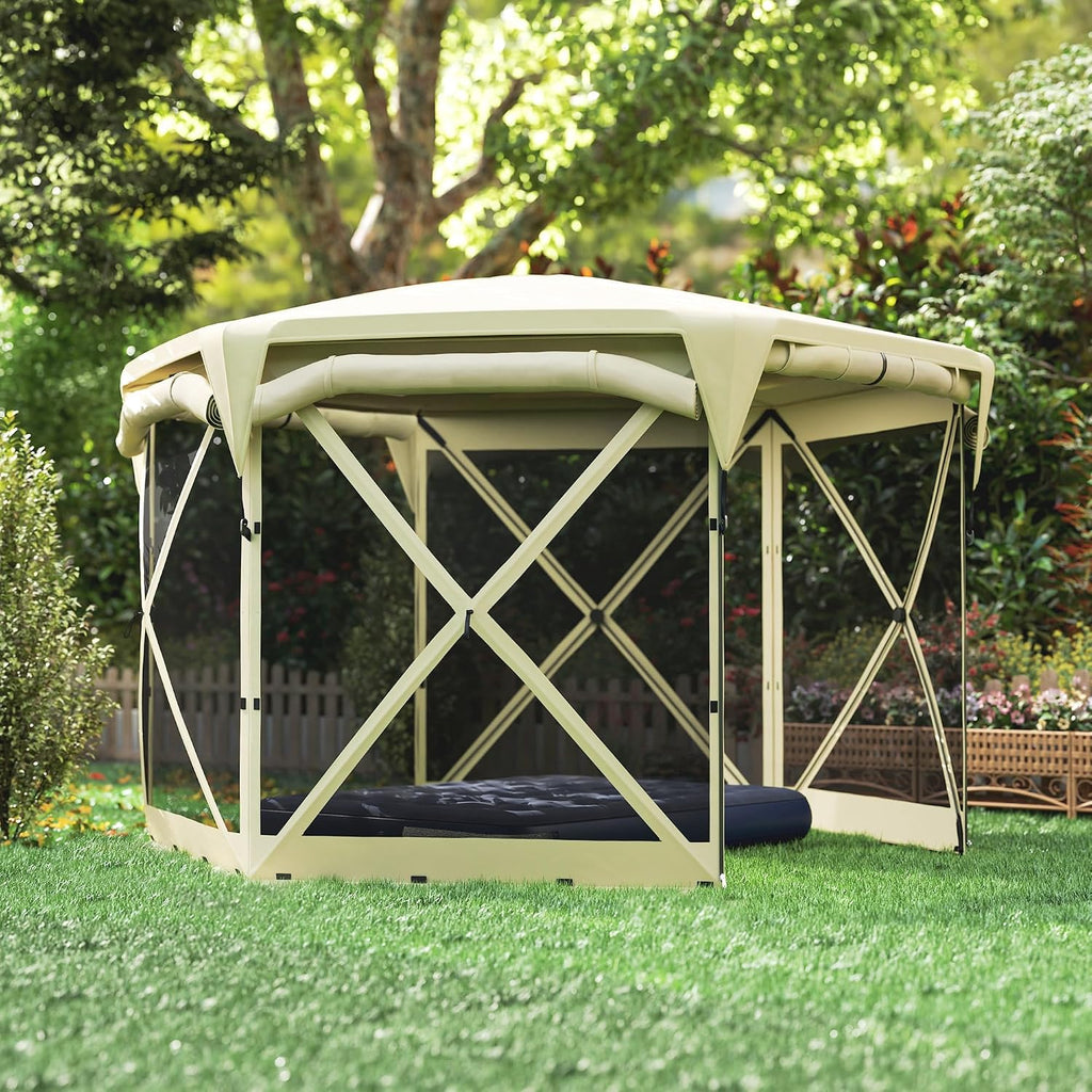 Outsunny Pop Up Gazebo Screen Tent House, 11 x 11ft with UPF30+ Removable Roof Cover, 4 Roll-up Wind Panels and Carry Bag for Camping, Patio, Backyard, Lawn, Beige