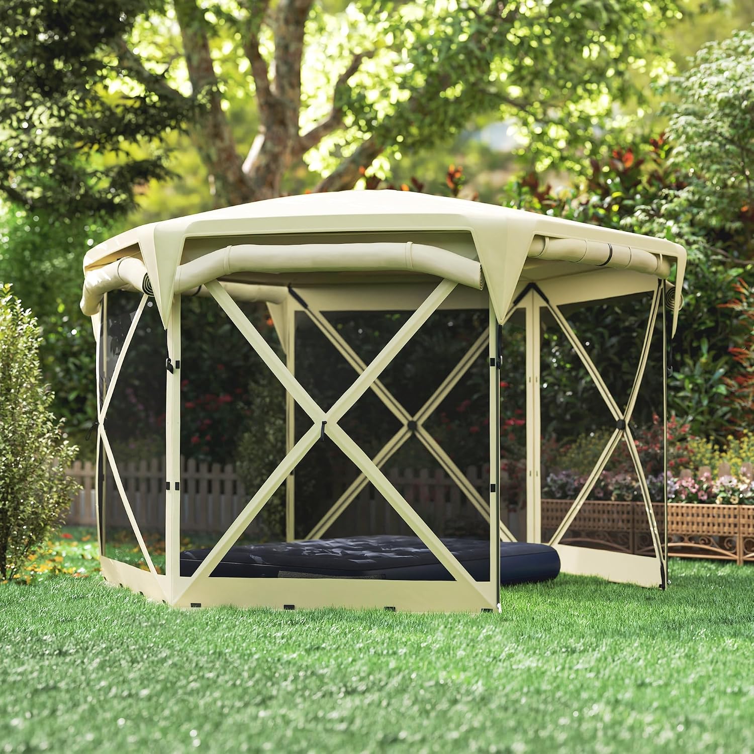 Outsunny Pop Up Gazebo Screen Tent House, 11 x 11ft with UPF30+ Removable Roof Cover, 4 Roll-up Wind Panels and Carry Bag for Camping, Patio, Backyard, Lawn, Beige