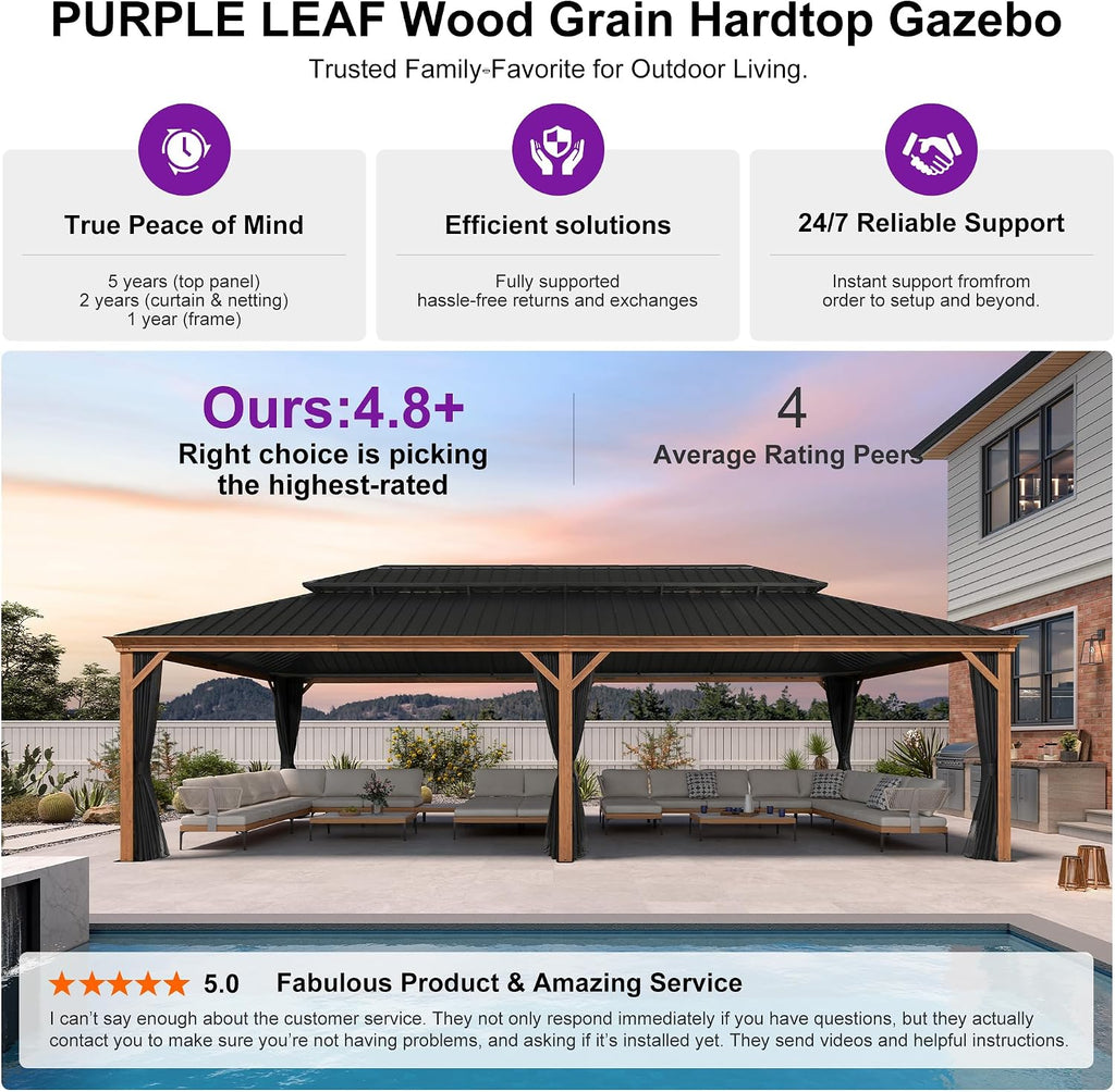 PURPLE LEAF 14' X 28' Outdoor Hardtop Gazebo for Patio Galvanized Steel Double Roof Permanent Canopy Teak Finish Coated Aluminum Frame Pavilion Gazebo with Netting and Lights