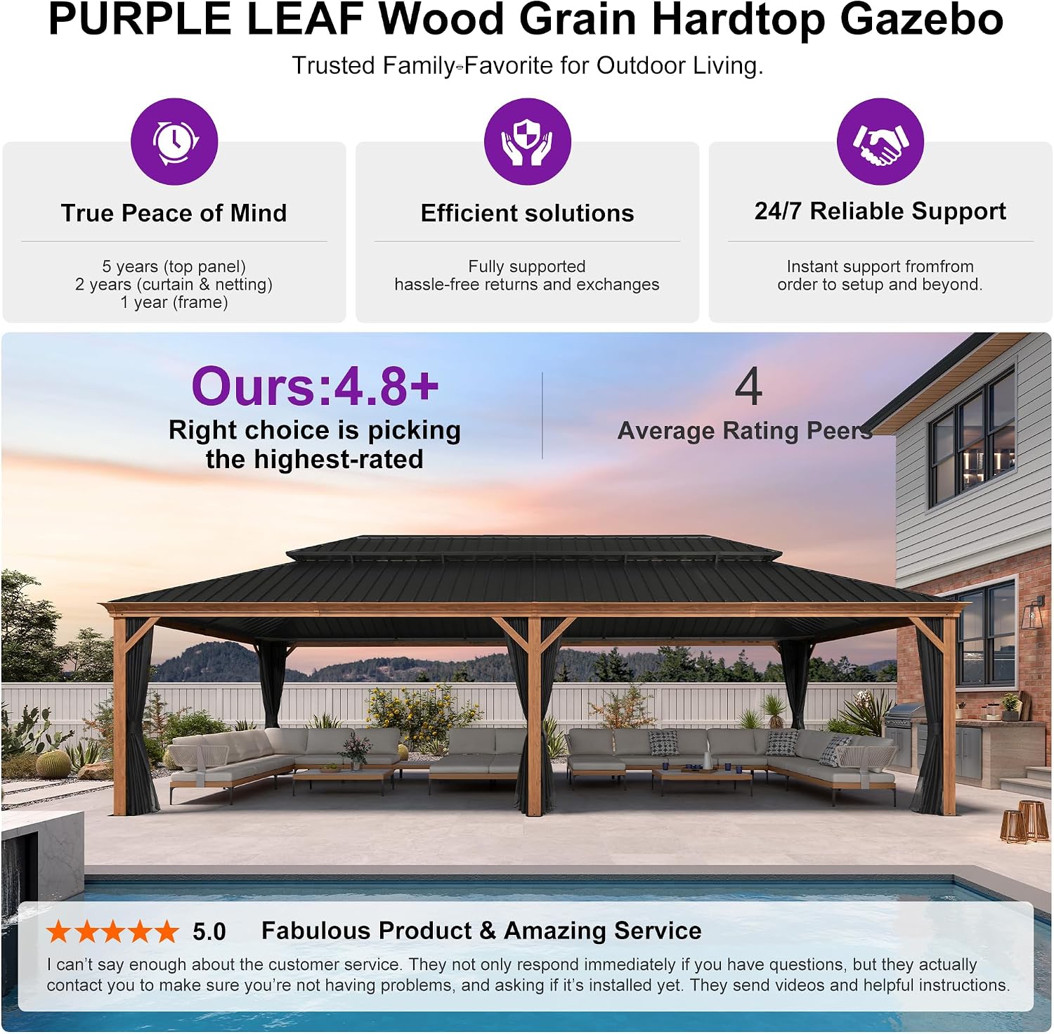 PURPLE LEAF 14' X 28' Outdoor Hardtop Gazebo for Patio Galvanized Steel Double Roof Permanent Canopy Teak Finish Coated Aluminum Frame Pavilion Gazebo with Netting and Lights