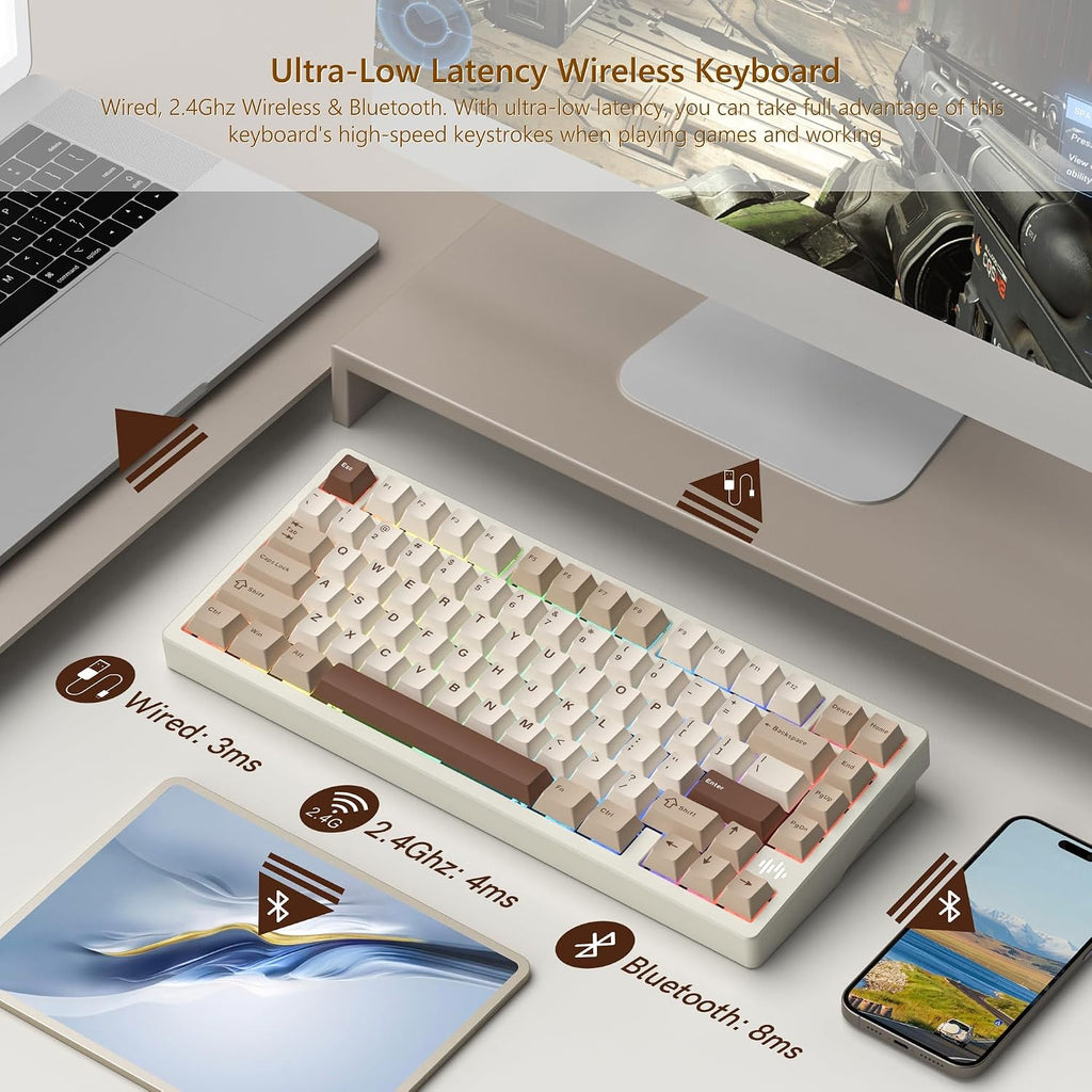 Womier RD75 Pro 75% Wireless Gaming Keyboard, Quick Release Aluminum Keyboard, QMK/VIA Tri-Mode Mechanical Key Board Custom Hot Swappable with RGB Creamy for Windows/Mac/PC-Milk White