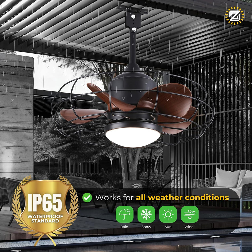 CondoMounts ZeboZap ZZFANC201B 20' Outdoor Ceiling Fan with Lights for Patios, Gazebo and Pergola. Plug in Gazebo Ceiling Fan with Remote Control, Waterproof Caged Hanging Fans with Hook and strap