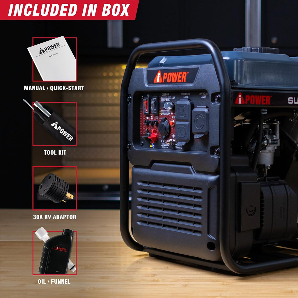 A-iPower 4600W RV-Ready Quiet Portable Inverter Generator Gas Powered, Ultra-lightweight Open Frame Power Supply for Tailigating/Home Backup, CO Sensor