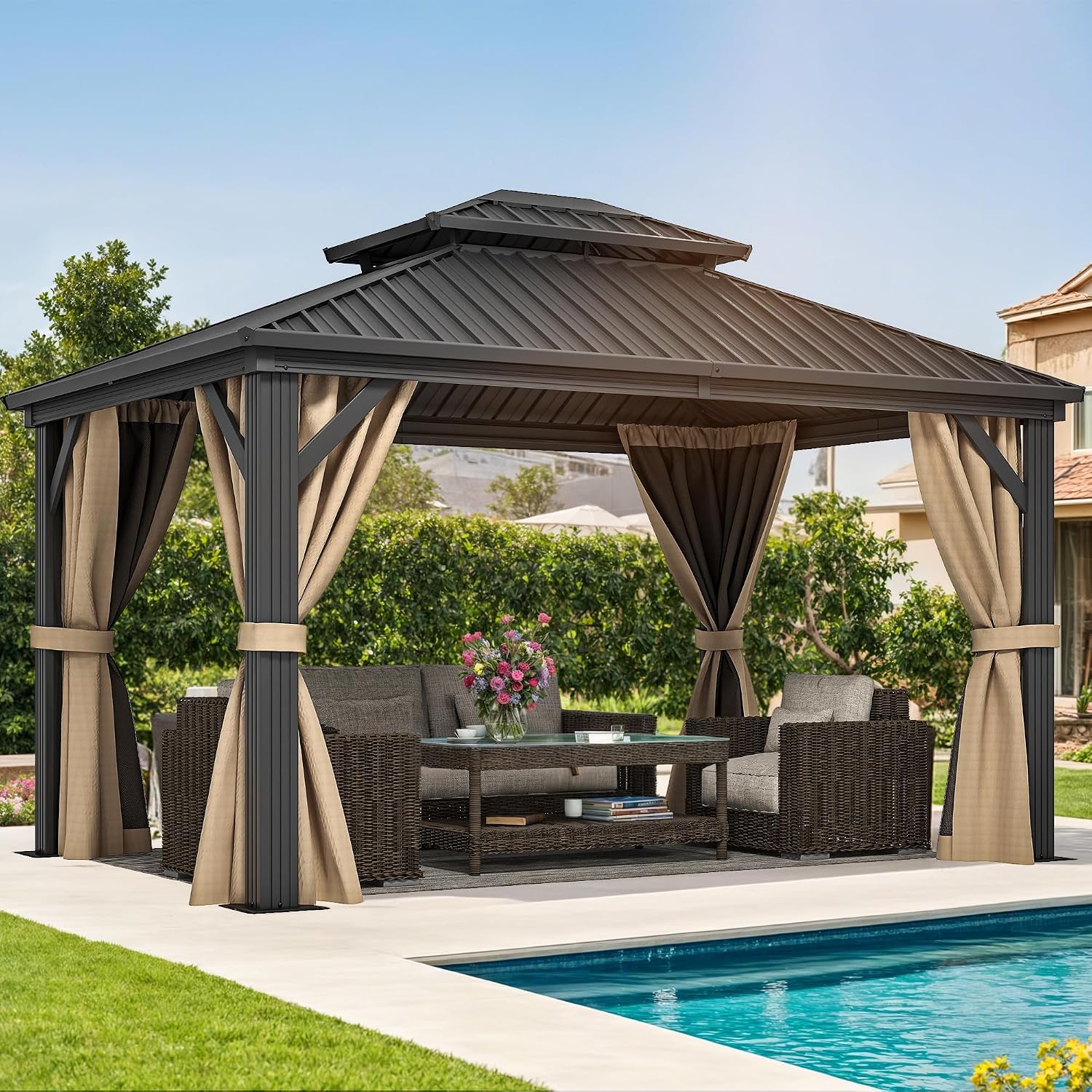 DWVO 10x12ft Hardtop Gazebo Double Roof with Nettings and Curtains, Heavy Duty Galvanized Steel Outdoor Vertical Stripes Roof for Patio, Backyard, Deck, Lawns, Brown
